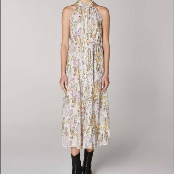 RAQUEL ALLEGRA Halter Midi Dress Sz 0 Floral Garden Print Lightweight Feminine - Picture 1 of 11